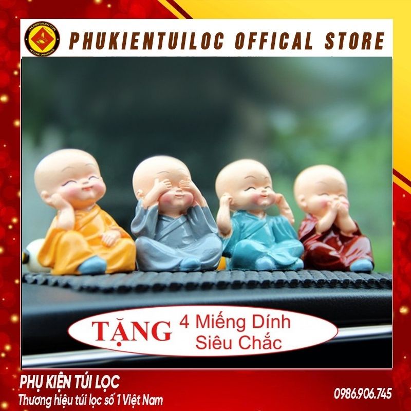 [Tặng 4 Miếng Dính 10K] Bộ Tượng Chú Tiểu Hòa Thượng Tứ Không - Phật Phong Thủy Mini 4 Tư Thế, Trang Trí Xe Hơi, Để Bàn