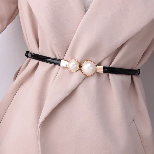 ĐAI VÁY HẠT NGỌC chun Meo shop  ĐV003 Nịt váy chun eo cài trước 2 hạt ngọc - thắt lưng váy phối da nữ màu đen