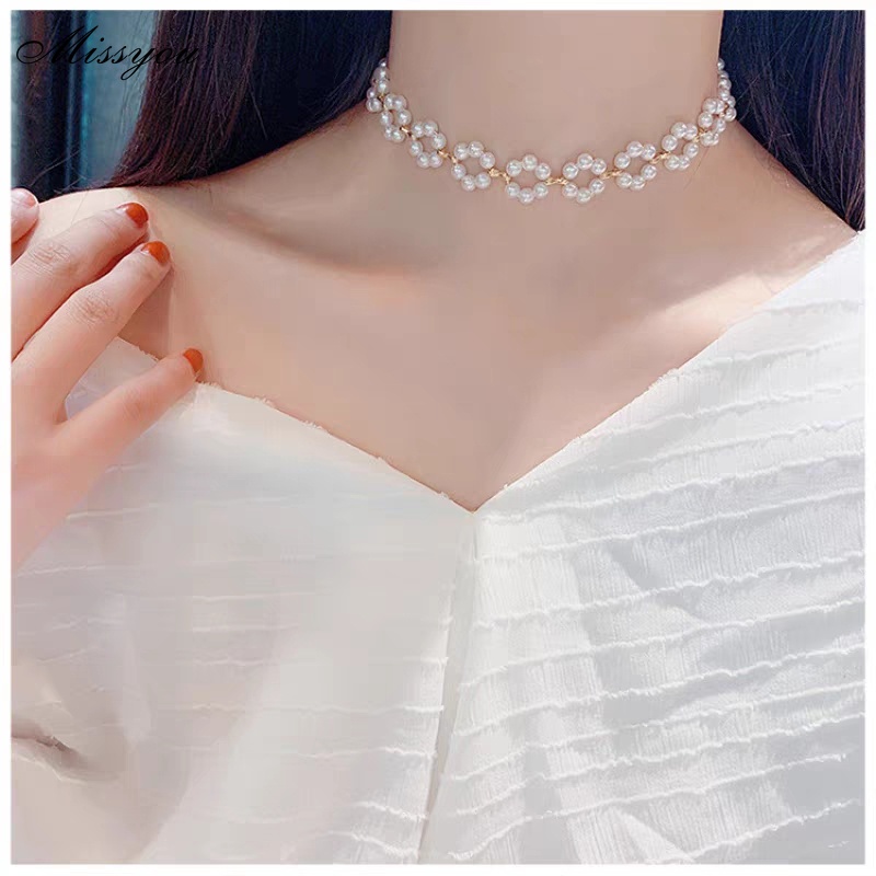 Vòng Cổ Mặt Hoa Đính Ngọc Trai Giả Thời Trang Dành Cho Nữ