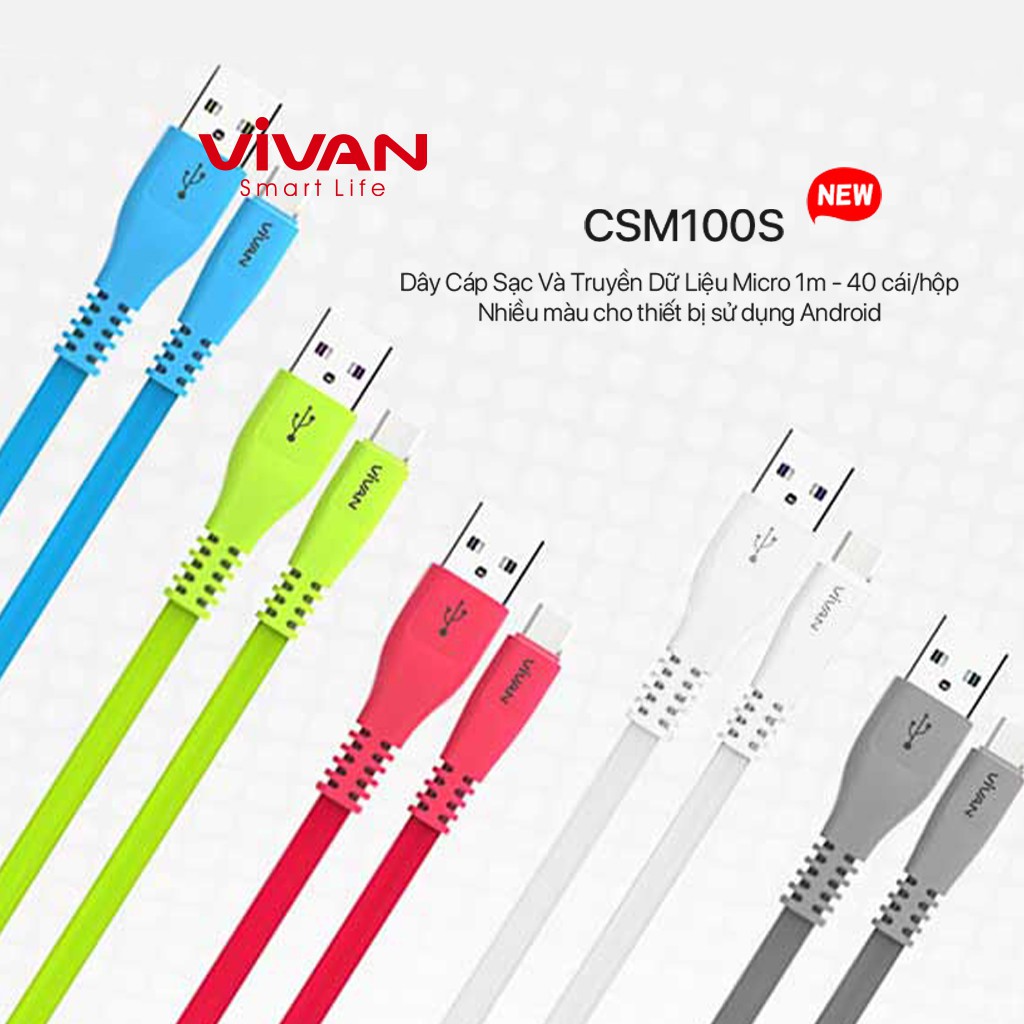 Cáp Sạc Truyền Dữ Liệu Micro VIVAN CSM100S Nhựa PVC Dẹt 1m - BẢO HÀNH 1 ĐỔI 1 CHÍNH HÃNG + GIAO MÀU NGẪU NHIÊN