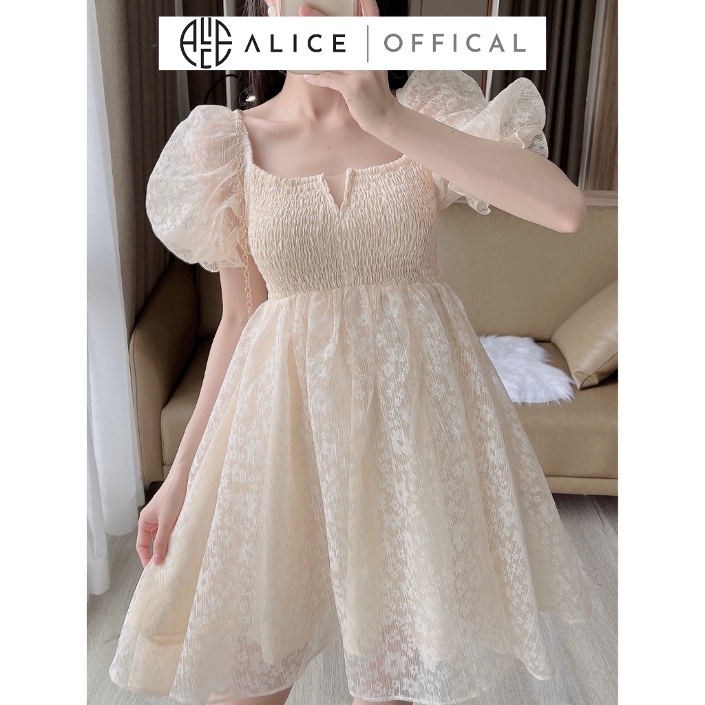 Váy Babydoll ALICE Thiết Kế Phần Ngực Bo Chun Phối Tay Bồng Tiểu Thư Sang Chảnh, Chất Vải Ren Lót Lụa Mềm Mịn V853