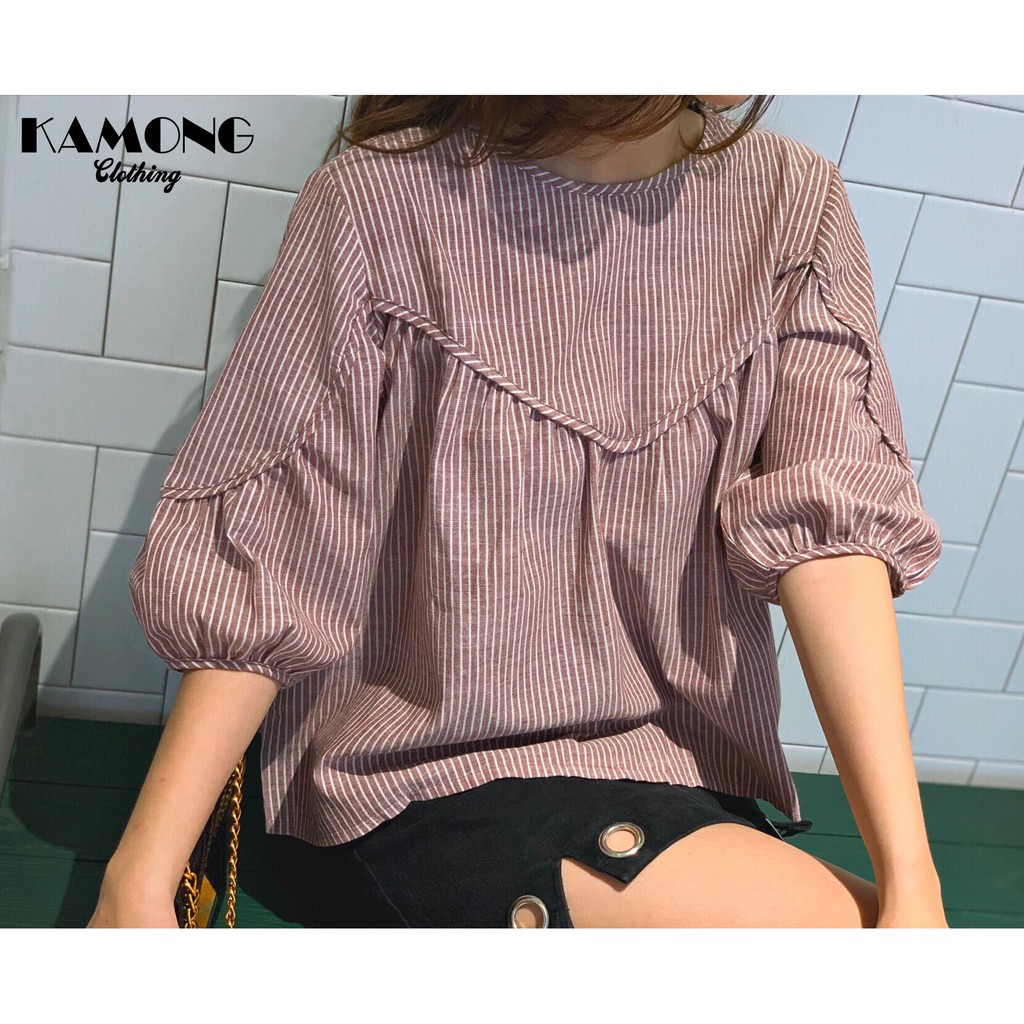 Áo kiểu babydoll sọc viền KAMONG A017 | BigBuy360 - bigbuy360.vn