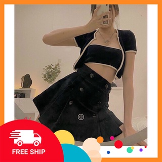 Set Áo Croptop Nữ Cộc Tay Chạy Viền ,Áo Quây Kèm Crt Ngắn 2 Màu Thời Trang