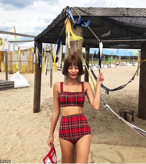 Bikini đồ bơi 2 mảnh cạp cao đỏ caro - Kimstore_bikini