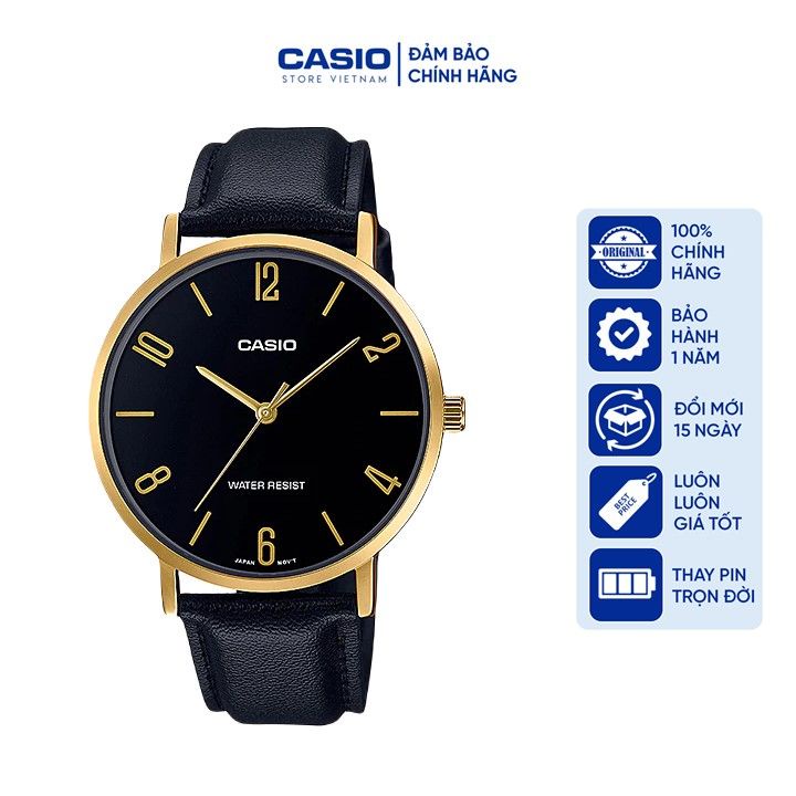 Đồng hồ Nam Casio MTP-VT01GL-1B2, đồng hồ chính hãng, dây da trơn đen mặt đen số, viền vàng