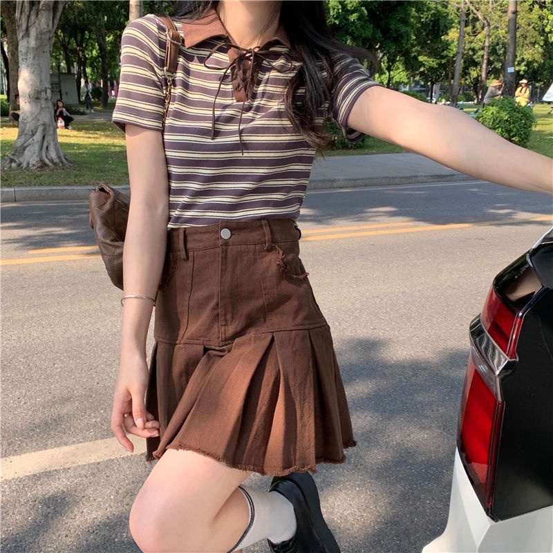 AMOI Set Áo Sơ Mi Kẻ Sọc + Chân Váy Xếp Ly Thời Trang Nữ Tính