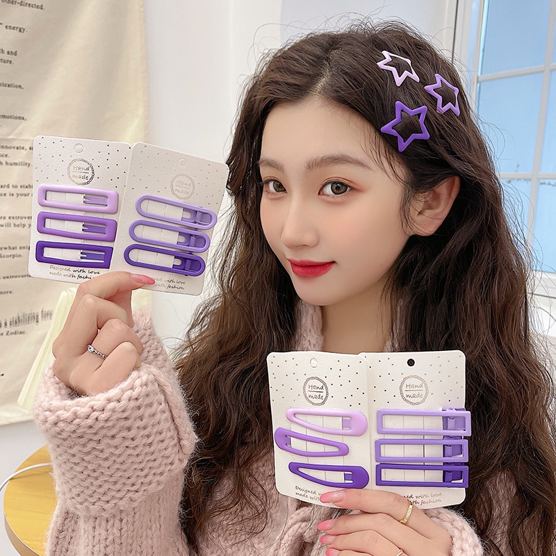 Bộ Ba Kẹp Tóc Dáng Dài BB Màu Xanh Dương Hình Hoa/Ngôi Sao/Trái Tim Đơn Giản Dễ Phối Đồ