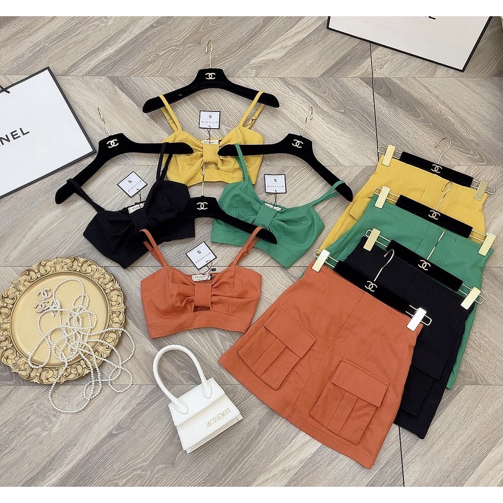Sét áo 2 dây phối nơ cùng chân váy nắp túi MQ CLOTHING