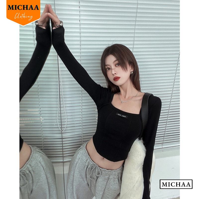 Áo Croptop Nữ Cổ Vuông Tay Dài LOGO NGỰC Ôm Body, Áo Thun Kiểu Sexy Chất Borip - MICHAA CR12