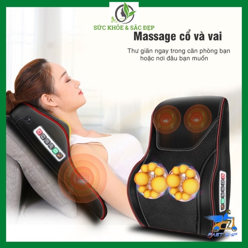 Gối massage , gối matxa cổ, vai gáy, máy mát xa lưng và cổ vai gáy giảm đau hiệu quả với bi lăn và rung