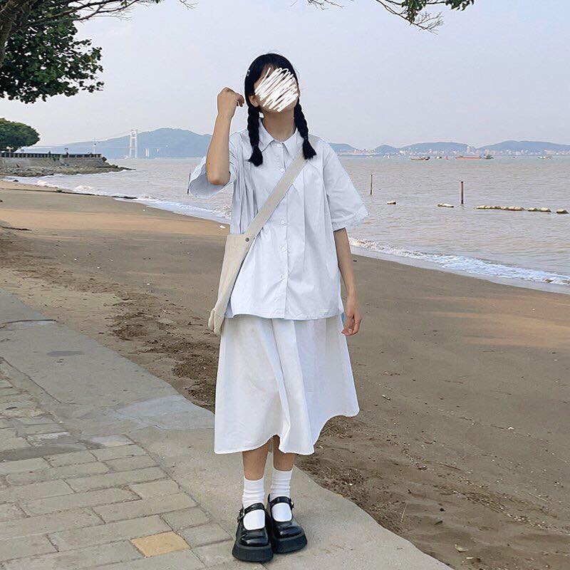 Áo sơ mi học sinh cổ sen tay lỡ form rộng túi ngực 2 màu