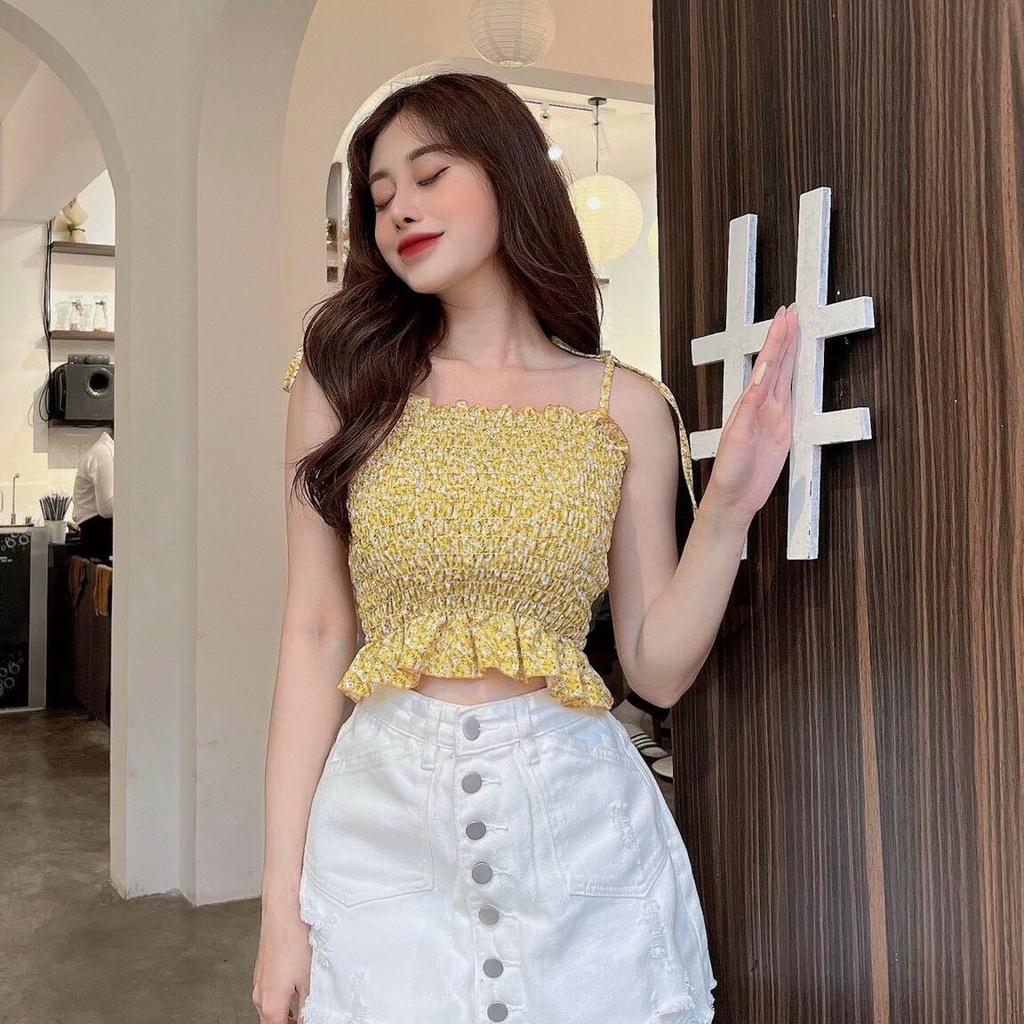 Áo Hai Dây Voan Hoa Nhún Cột