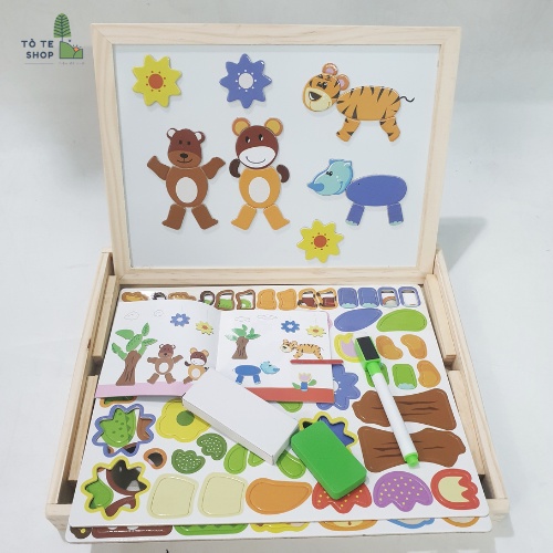 Xếp hình nam châm chủ đề con vật , lắp ráp trang phục con vật Animal kèm bảng 2 mặt , phấn và bút dạ MWZ-2001