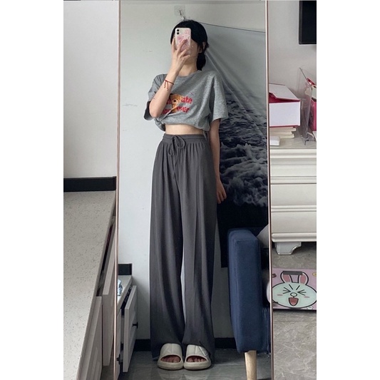 Quần thun gân dáng suông lưng cao phong cách thời trang nữ