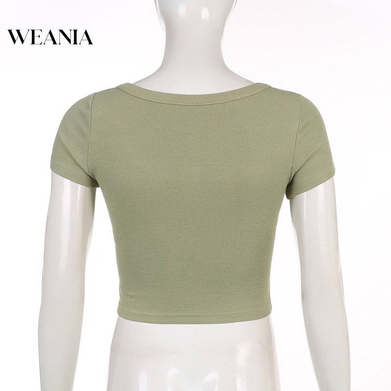 Áo Thun Ngắn Tay Cổ Chữ U In Chữ Phối Nút Phong Cách Retro Cho Nữ