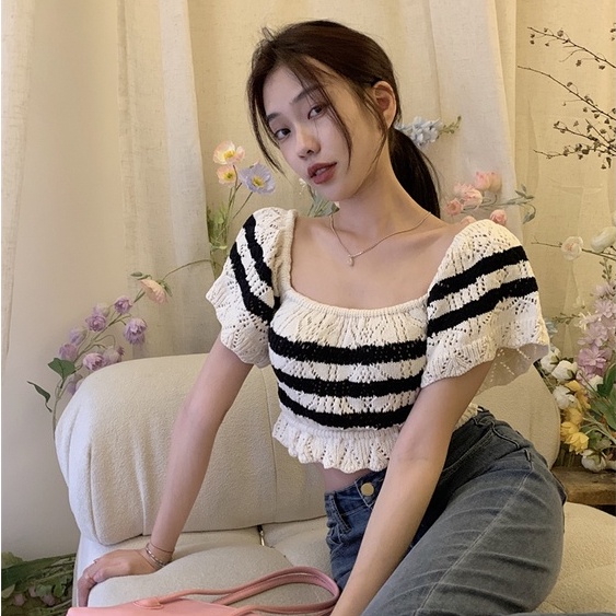 Áo Dệt Kim Ngắn Tay Họa Tiết Kẻ Sọc Thời Trang Hàn Quốc Cho Nữ