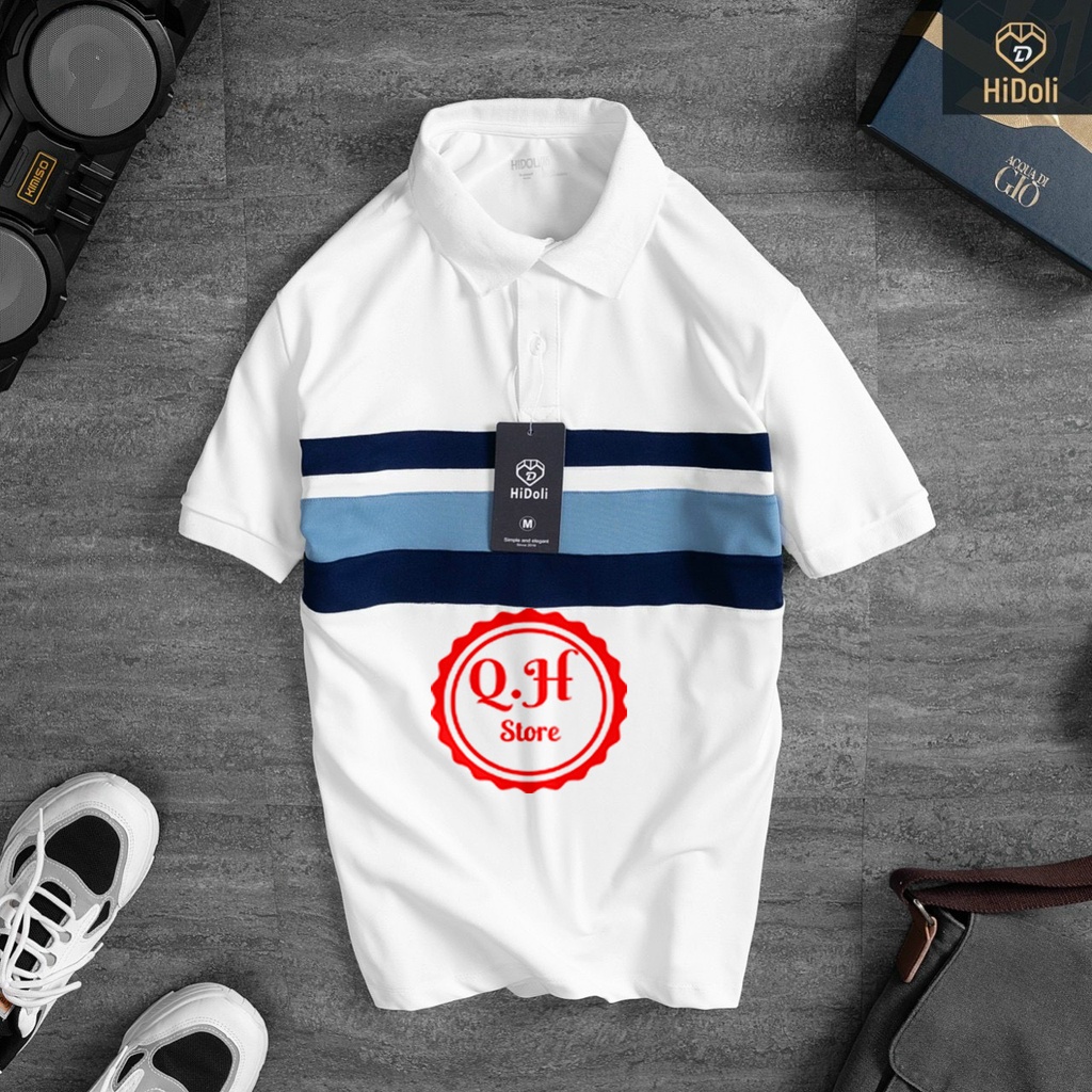 Áo thun polo nam trắng phối ngang chất vải cá sấu Cotton thoáng mát, co giãn tốt, thấm hút mồ hồi hàng chất lượng cao