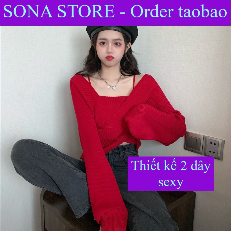 Áo len croptop tay dài, Áo len cổ v, Hàng quảng châu cao cấp, SONA STORE