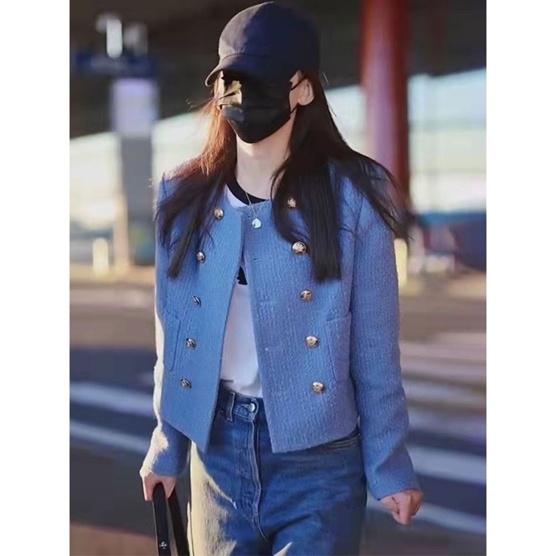 Áo khoác dạ tweed nữ dáng ngắn cổ tròn cúc đồng sang chảnh, màu xanh lam, hàng Quảng Châu cao cấp