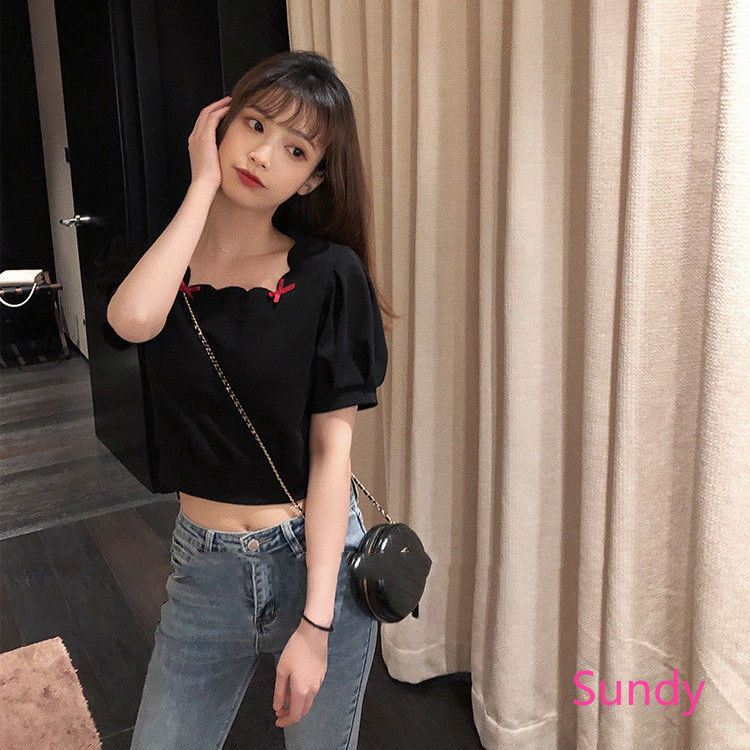 Áo Kiểu Cổ Vuông Tay Phồng Đính Nơ Xinh Xắn Cho Bé Gái