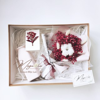 Set hộp quà tặng hoa khô bất tử hoa baby mix bông gòn và đuôi thỏ