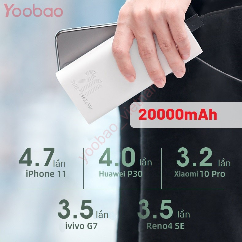Sạc Dự Phòng Kiêm Đèn Pin Yoobao 20000mAh Cổng Type-C Sạc Nhanh 2 Chiều PD 20W - YOOBAO H2Q