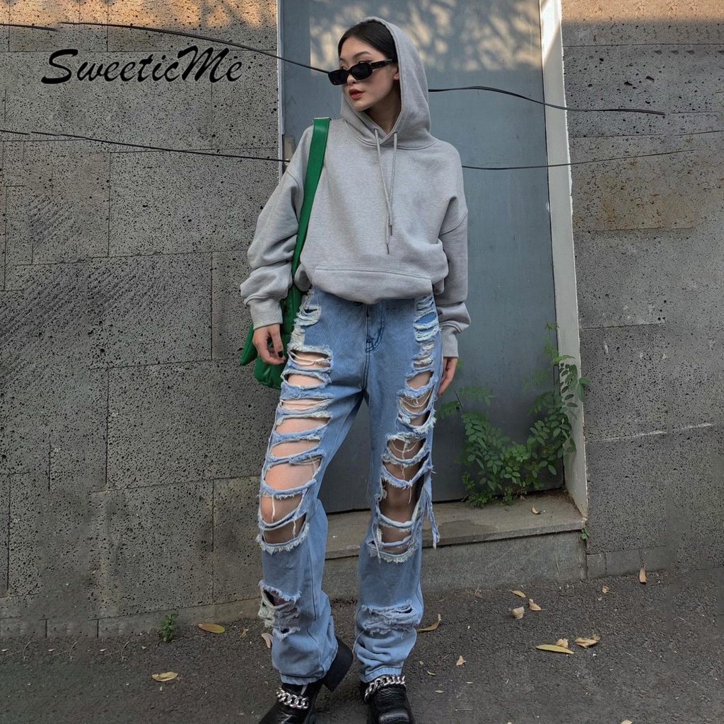 Quần Jean Lưng Thấp Phối Rách Kiểu Đường Phố SweeticMe   Cho Nữ