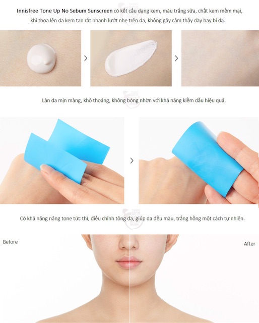 Kem Chống Nắng Kiềm Dầu, Nâng Tone Da Innisfree Tone Up No Sebum SPF 50+ Mẫu Mới