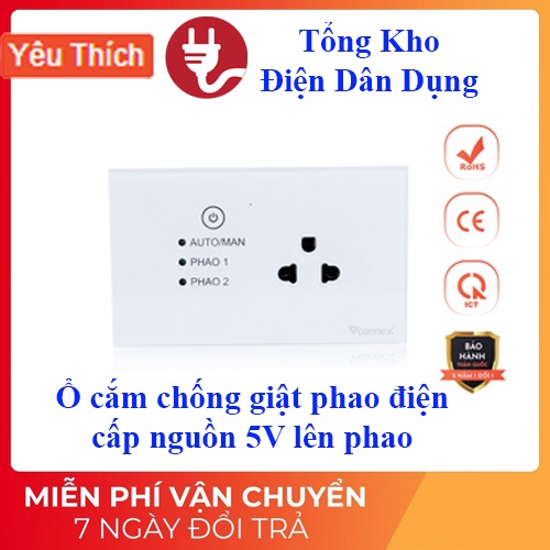 Ổ cắm chống giật cho phao điện, bồn, bể ngầm Vconnex. Nút bấm cảm ứng bật tắt an toàn. Bảo hành 24 tháng 1 đổi 1