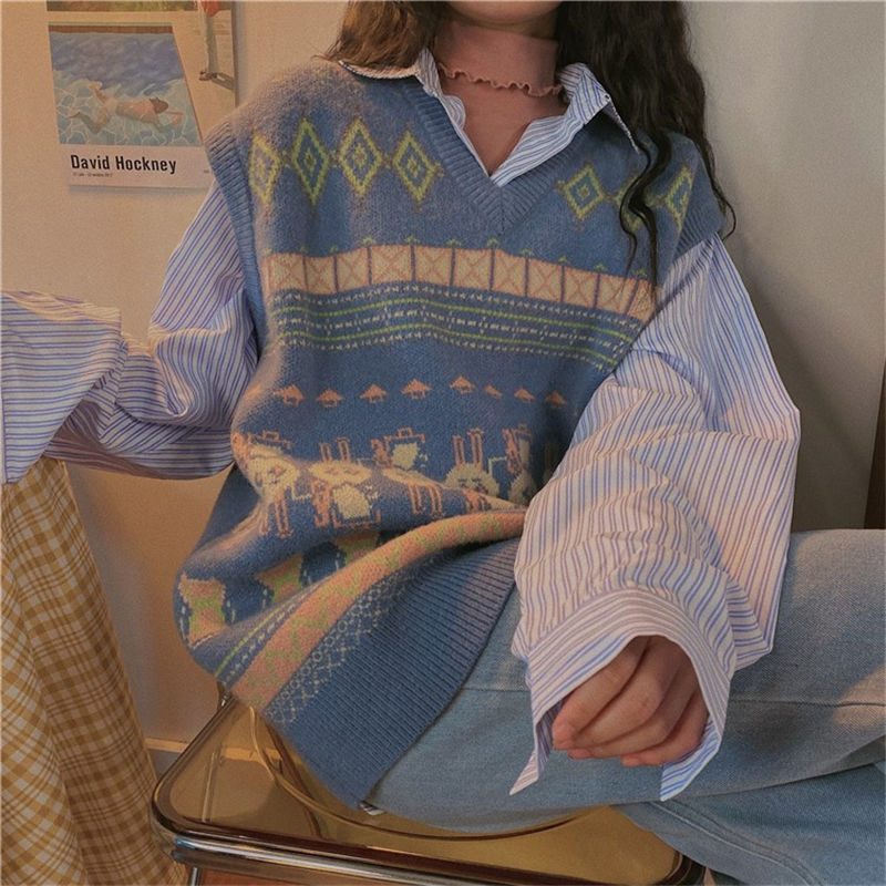 Áo len gile thiết kế cổ điển dáng rộng cho nữ