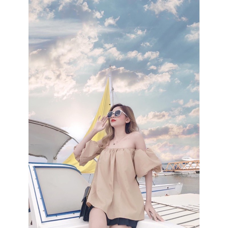 Áo Trễ Vai Tiểu Thư Tay Phồng Chất Đũi 2 Màu Be Trắng