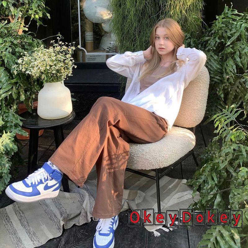 OKDK-Women Straight-leg Jeans Vintage High Waisted Solid Color Denim Pants with Pockets