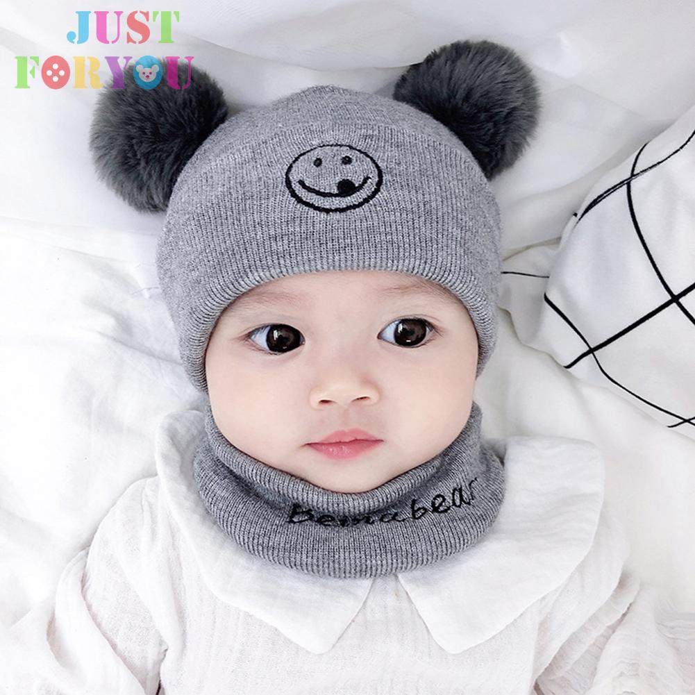 Mũ Beanie Đan Len Mềm Giữ Ấm Mùa Đông In Hình Mặt Cười Cho Bé Trai Và Gái