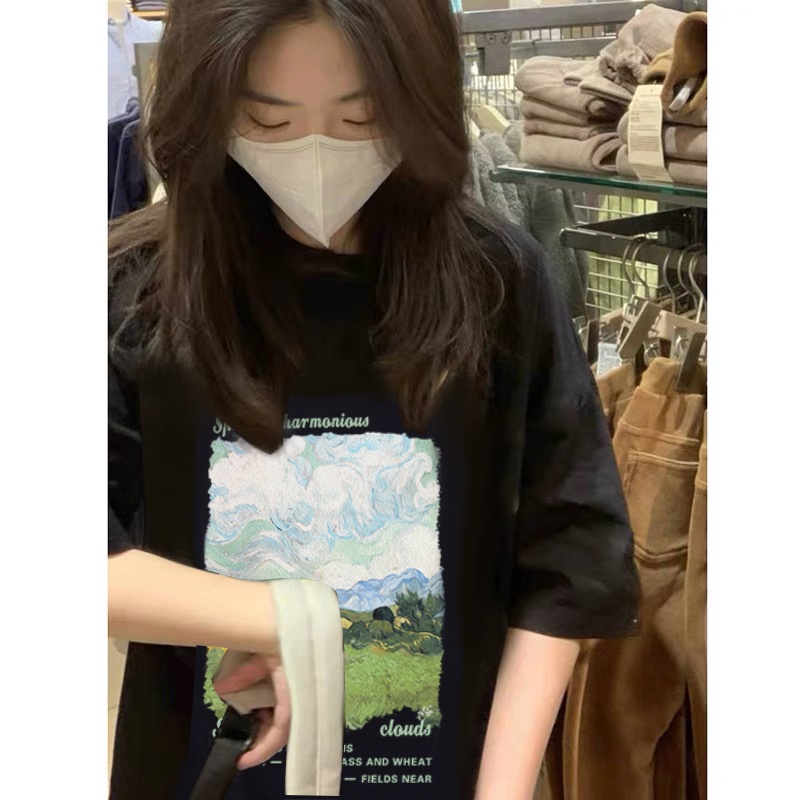 Áo thun SELVZE cotton tay ngắn dáng rộng in họa tiết phong cách Mỹ cổ điển thời trang cho nữ