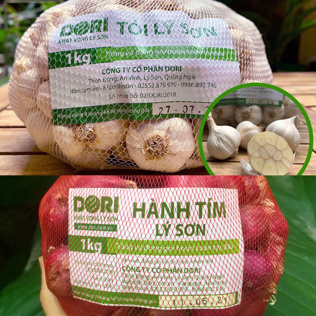 Combo#1 hành tím Lý Sơn 1kg + 1kg tỏi Lý Sơn Dori trồng tại đảo Lý Sơn, cam kết xuất xứ Lý Sơn