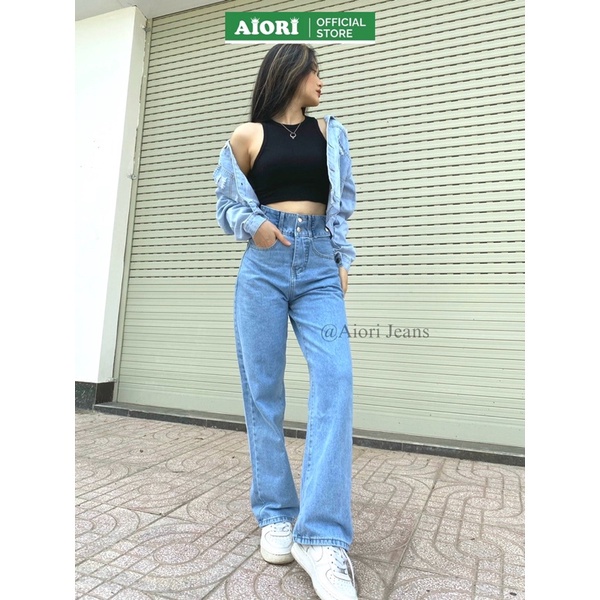 Quần Jean Nữ AIORI Ống Rộng Lưng Cao Trơn Jeans Ống Suông Cạp Cao Cotton mềm mịn, Thời Trang Hàn Quốc_AF 3333