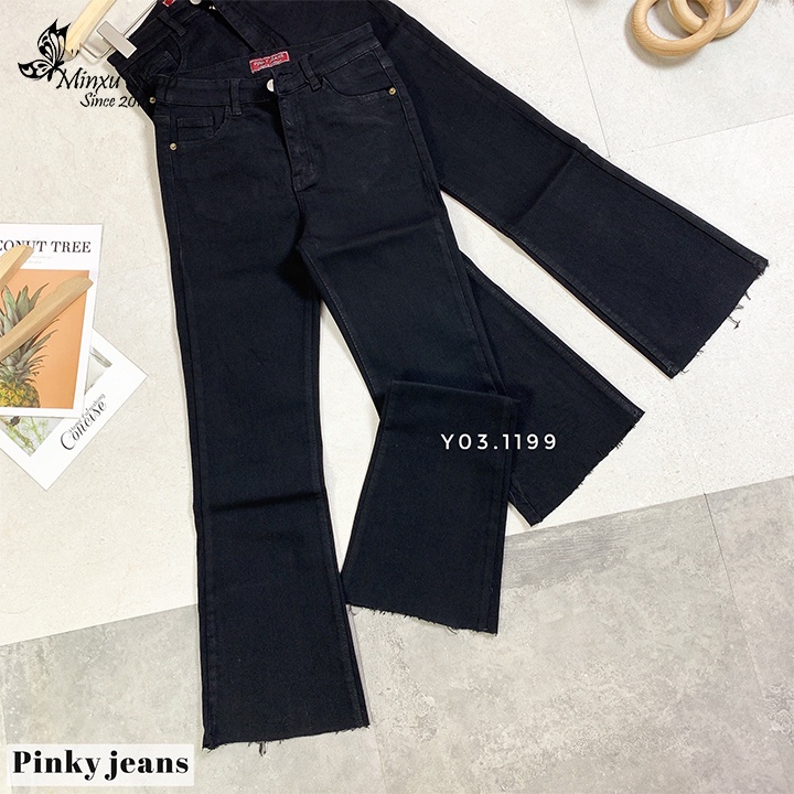 Quần Jean Ống Loe Cạp Cao Chất Vải Bò Co Giãn 4 Chiều Màu Đen Trơn Mặc Xinh Siêu Tôn Dáng Minxu Shop Q9147