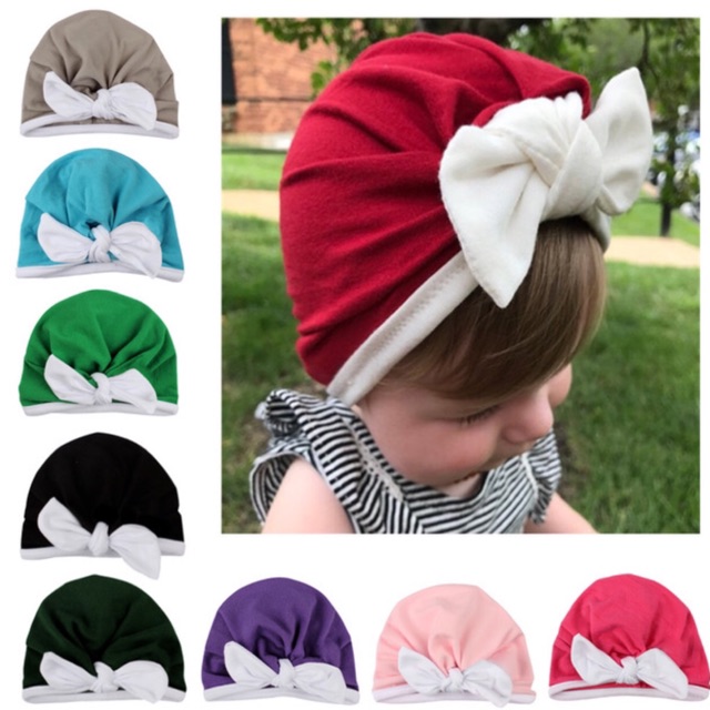 Mũ Turban Nơ Nhung Viền Trắng Cho Bé Từ 0 - 1 Tuổi