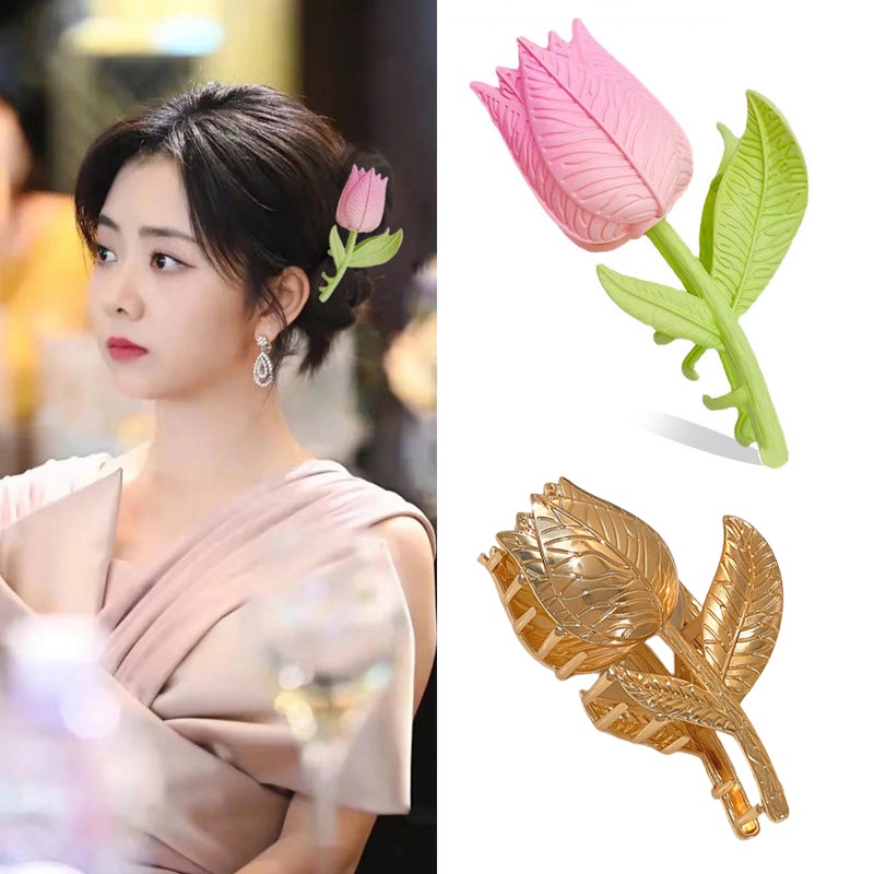 Kẹp Tóc Hình Hoa Tulip Cỡ Lớn Bằng Kim Loại 2022 Thời Trang Hàn Quốc