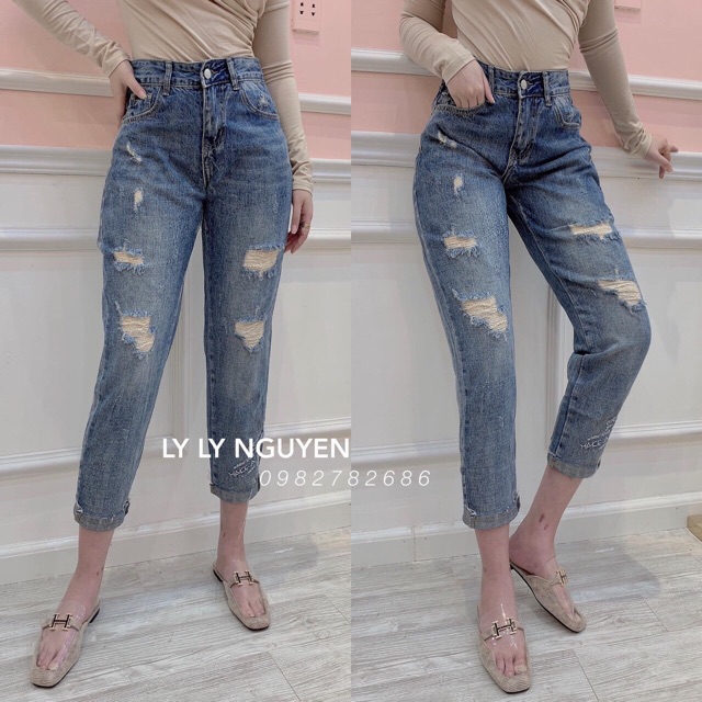 Quần baggy jean rách in gấu và logo, kèm hình thật