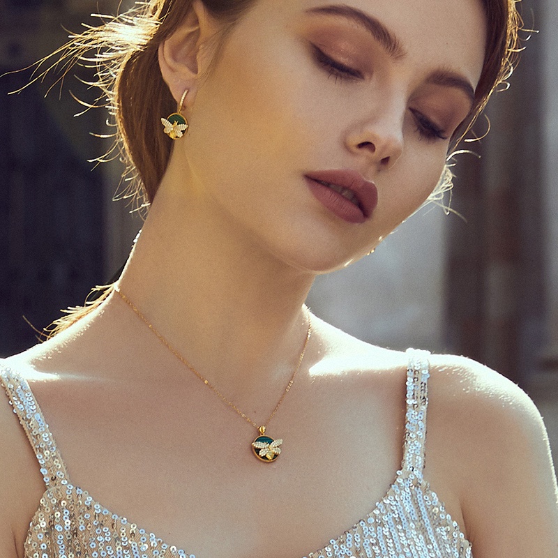 Dây chuyền/ Khuyên tai Bamoer bằng bạc 925 mặt ong đính đá Malachite thời trang cho nữ