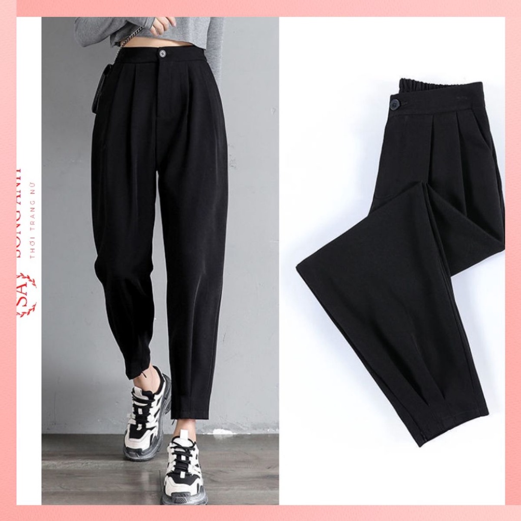 Quần Baggy Nữ Lưng Thun Cạp Cao Khóa Gấu Công Sở Trẻ Trung Thanh Lịch Đen/nâu Tây