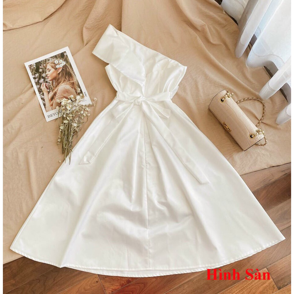 Đầm váy nữ thiết kế dự tiệc trắng lệch vai thắt nơ phong cách thời trang