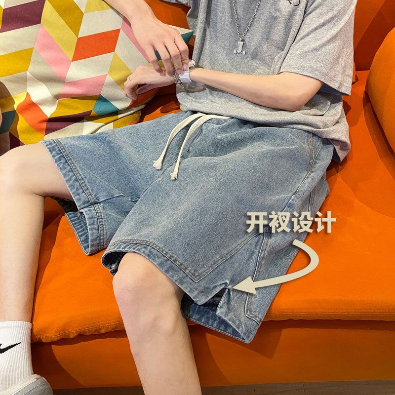 Quần Short Denim Dáng Rộng Lưng Thun Co Giãn Tốt Thiết Kế Xẻ Tà Thời Trang Mùa Hè Cho Nam