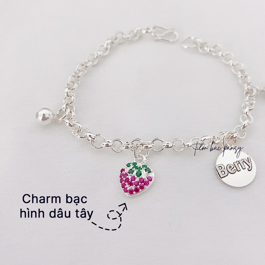 Lắc bạc khắc tên cho bé mix charm dâu tây dễ thương - Vòng bạc ta thật cao cấp