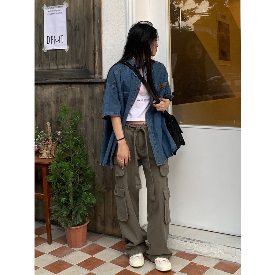 Quần jean nữ Xiaozhainv ống suông rộng cạp cao phối túi hộp cá tính