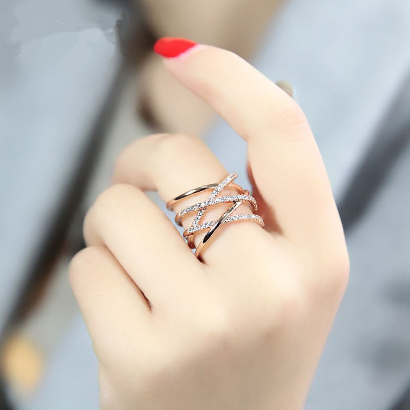 Nhẫn hở màu vàng hồng đính kim cương giả chống thấm nước chống mồ hôi phong cách Âu Mỹ