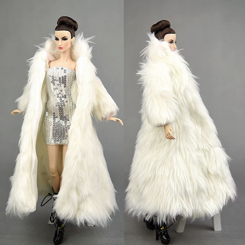 Bộ Đầm Và Áo Khoác Lông Siêu Dài Màu Bạc Thời Trang Cho Búp Bê Barbie 1/6