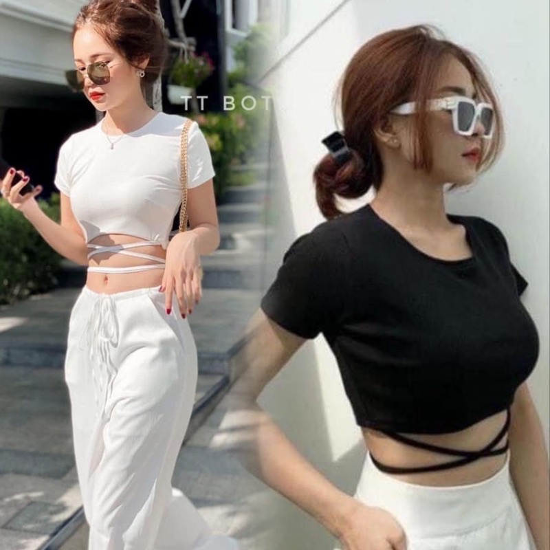 Áo thun croptop cộc tay nữ buộc dây eo sexy - Áo croptop phông thiết kế dây buộc eo điệu đà Ulzzang