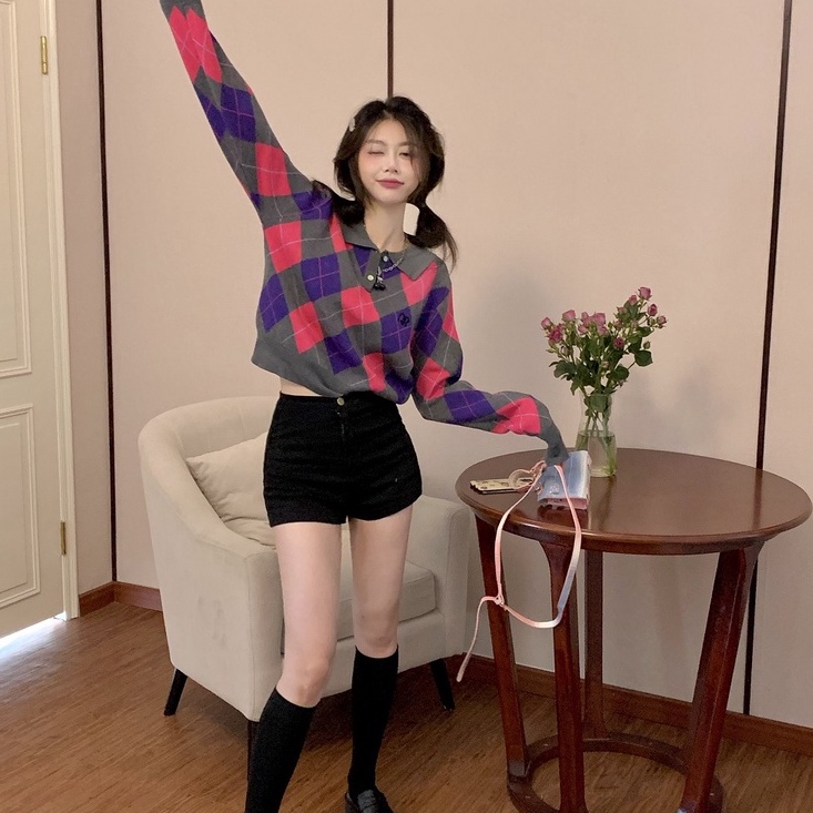 Áo len ZHELIHANGFEI dệt kim tay dài dáng rộng cổ polo họa tiết hình thoi dễ thương cho nữ